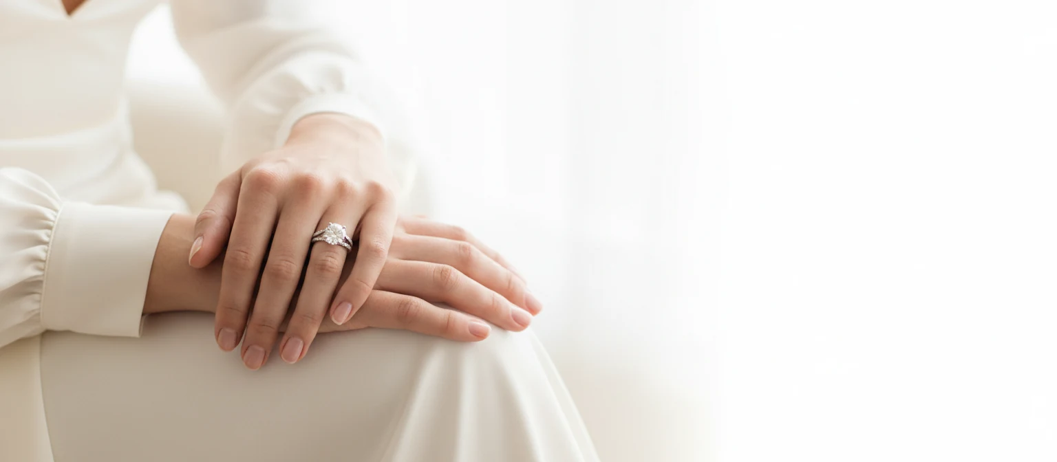 A bride's hands resting in her lap, wearing a platinum solitaire and a diamond wedding band.