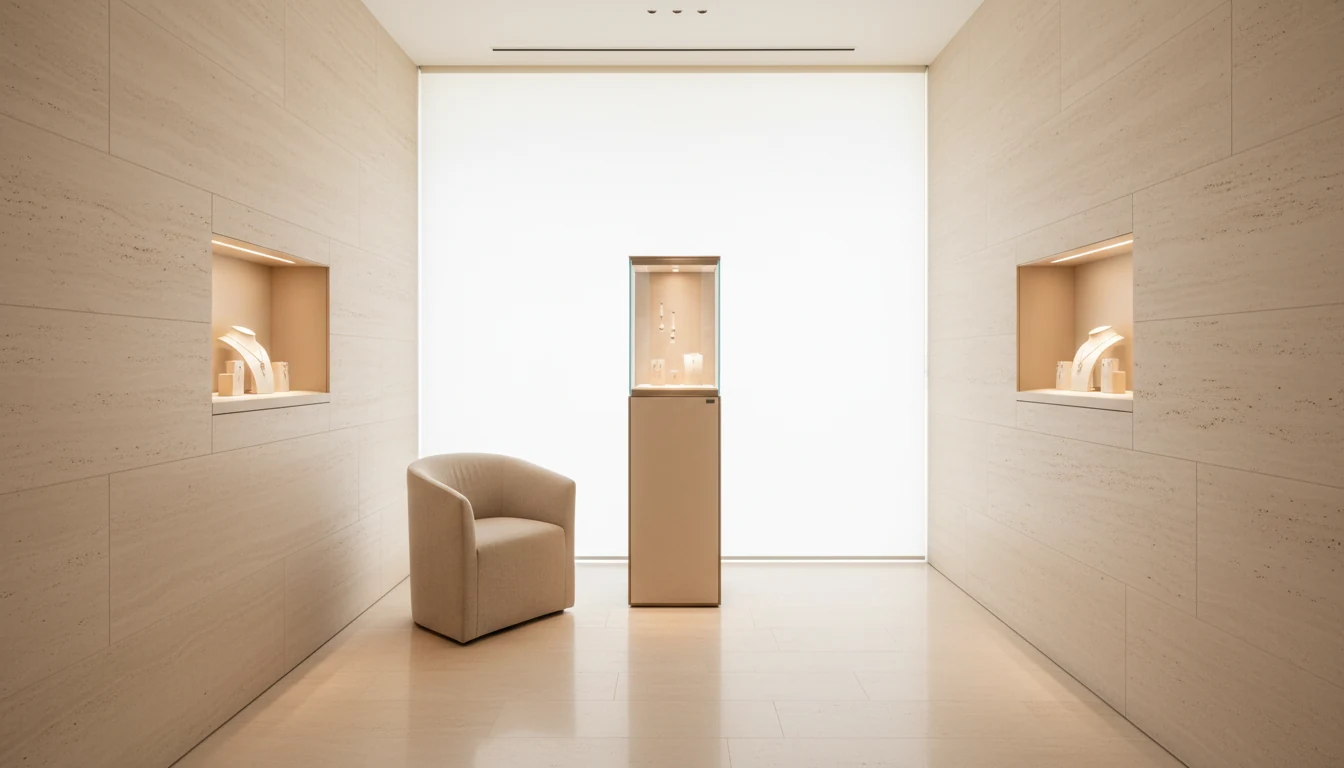 A light-filled minimal jewellery boutique interior with a single lit vitrine.