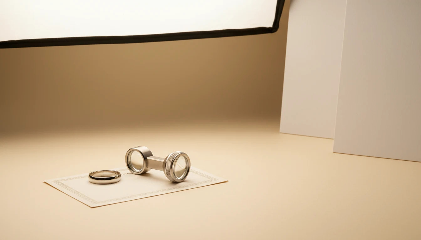 A jeweller's loupe resting on a blank certificate beside a platinum ring.