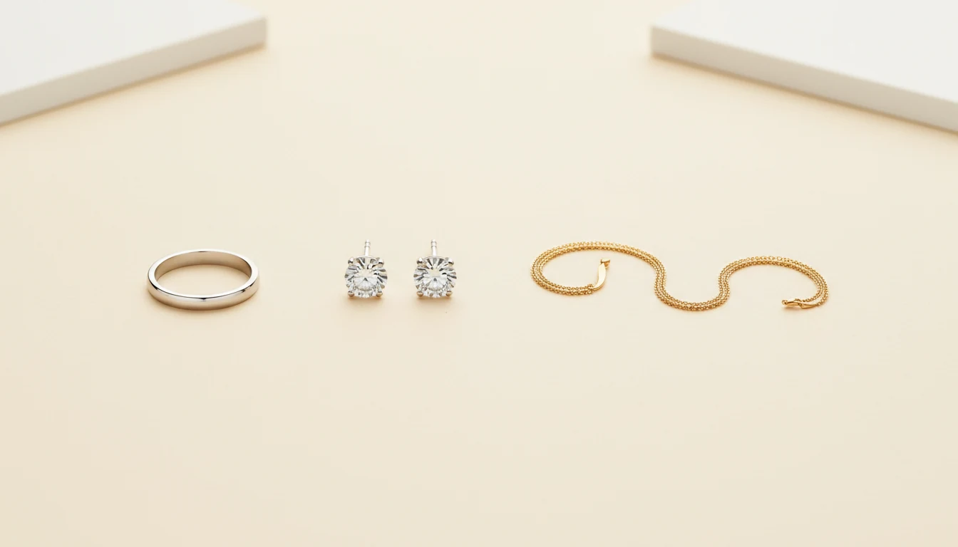 A silver band, diamond studs and a fine gold chain spaced evenly on ivory.