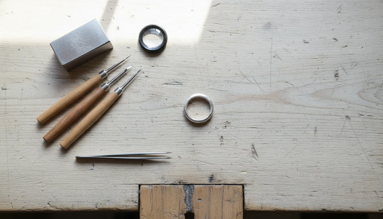 A jeweller's workbench from above with burins, a loupe and an unfinished platinum ring.