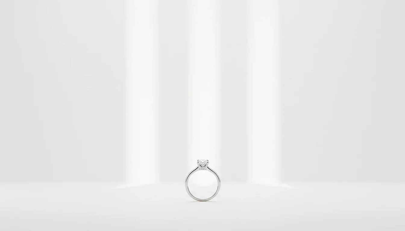 A platinum solitaire engagement ring standing in a bright, empty gallery of pale light.