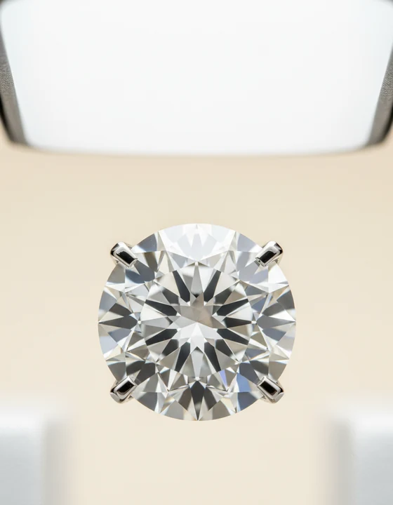 Macro of a round brilliant diamond in a platinum four-prong setting.