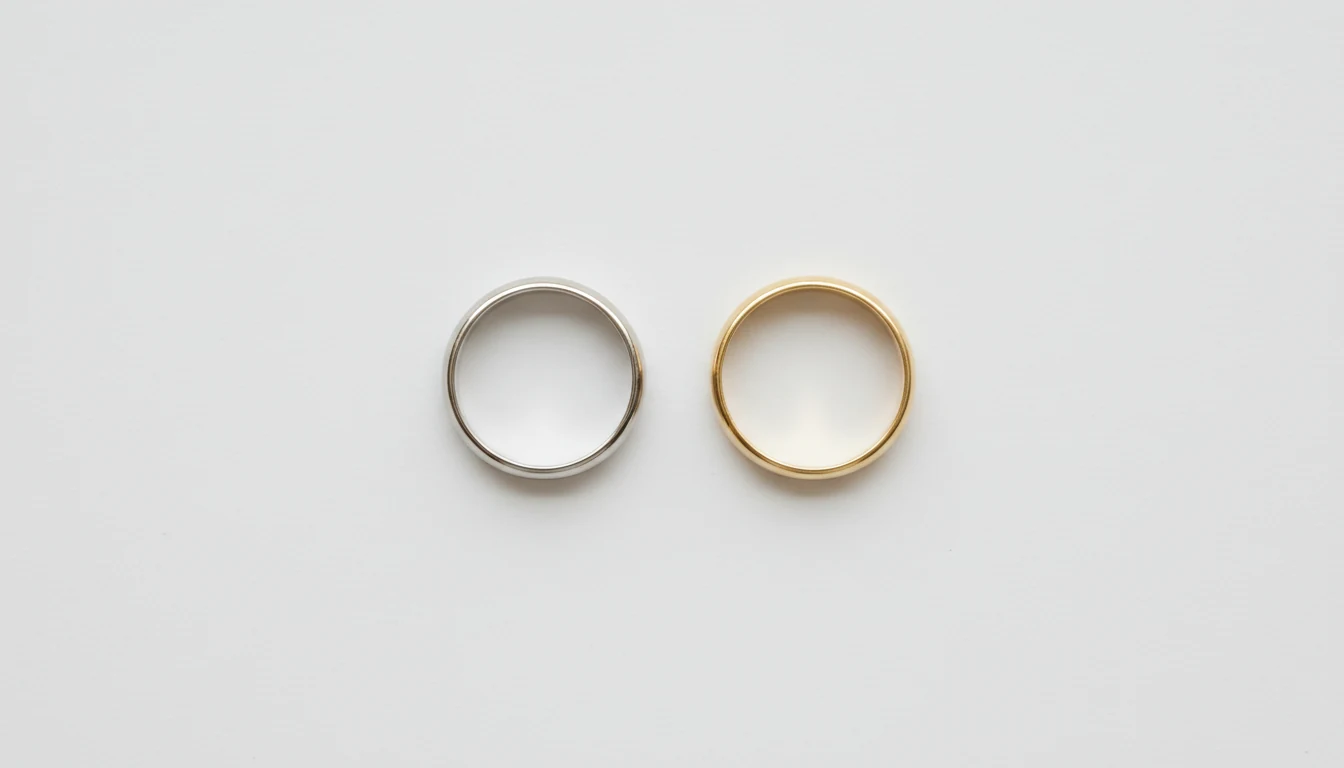 A platinum band and a yellow gold band side by side, identically lit for comparison.