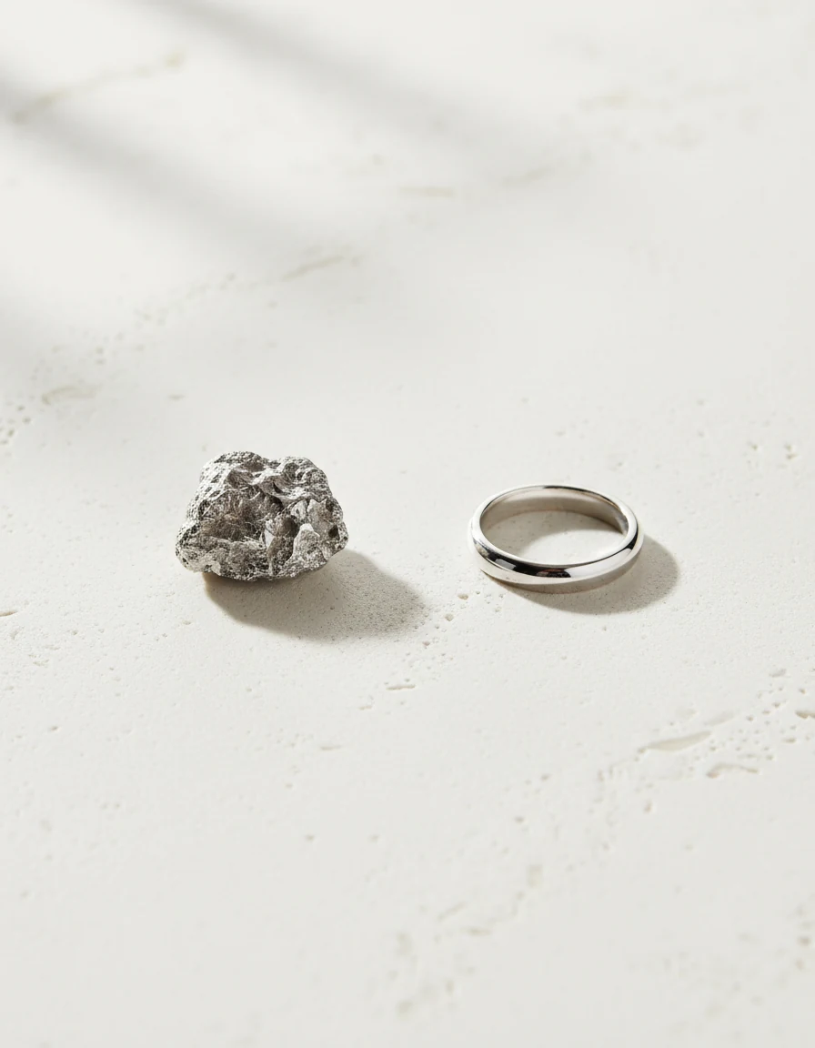 A rough platinum nugget beside a finished polished platinum band.